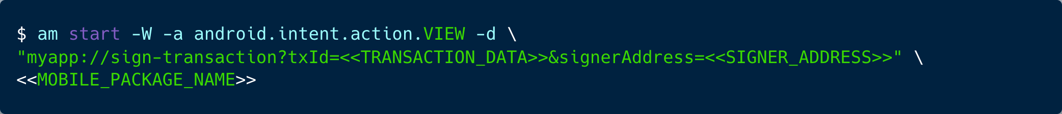 A diagram showing an Android intent triggering a wallet signing flow.
