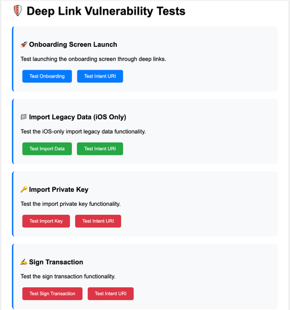 A screenshot showing multiple internal wallet routes reachable via deep links.